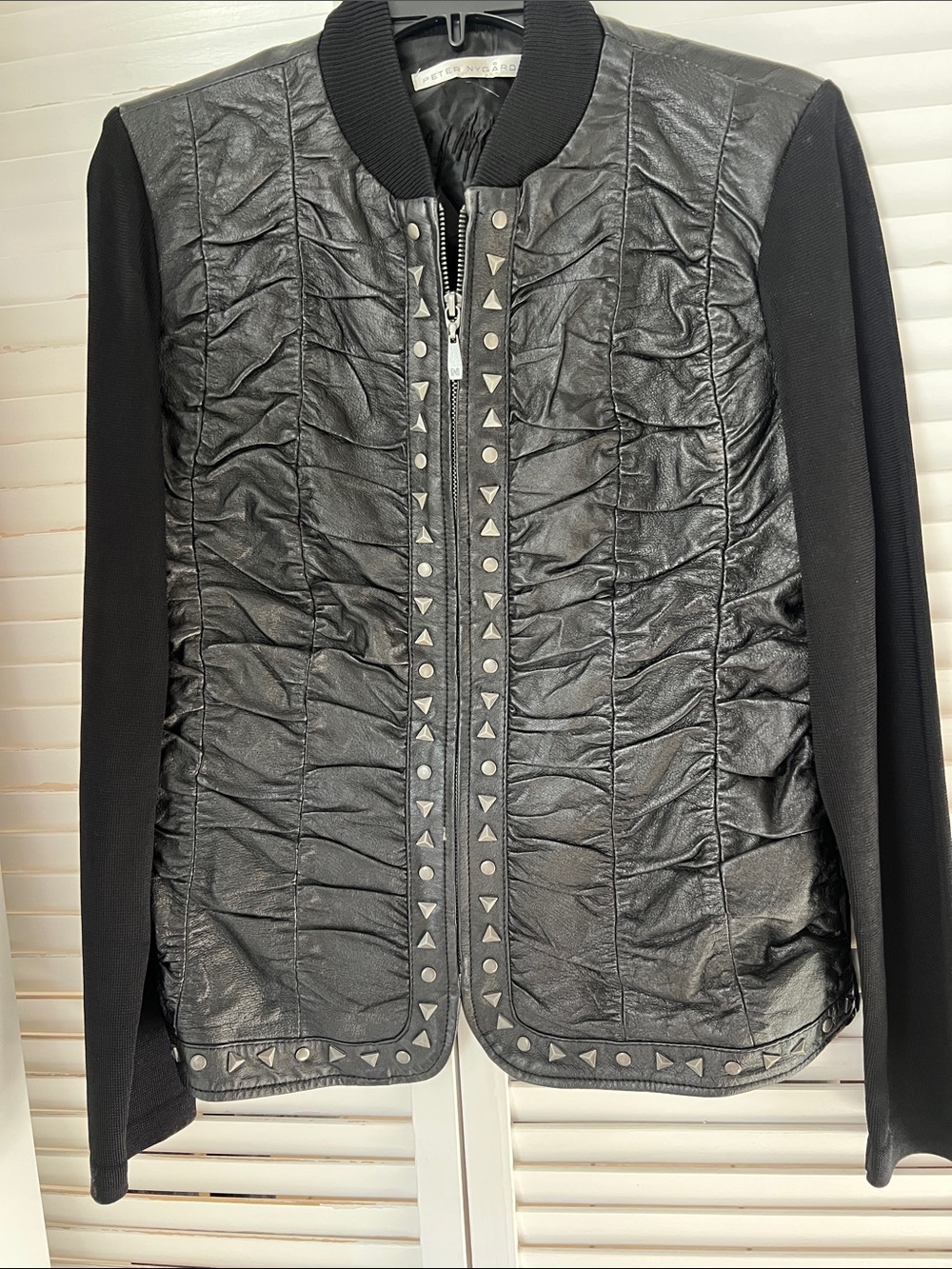 Leather Rusched Sweater with Rayon Sleeves & Back -Metal Studs w/ Full Metal Zip